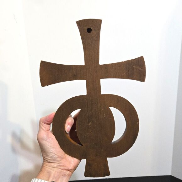 Vintage Wedding Rings Wooden Cross Wall Hanging MCM 12x8 in Religious Art - Picture 3 of 4